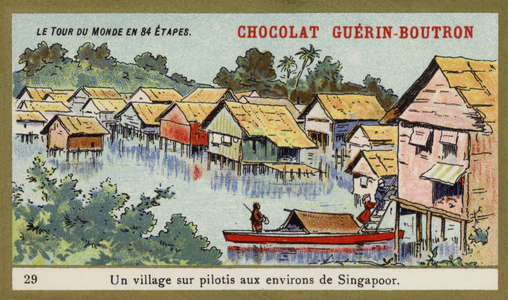 A village on stilts in the area around Singapore (chromolitho)