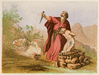Abraham offering up Isaac (colour litho)