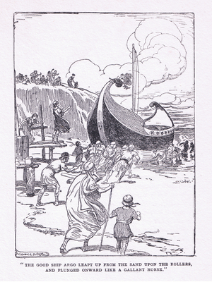 The good ship Argo leapt up from the sand upon rollers and plunged forward like a gallant horse, from The Heroes published by George Allen and Unwin 1929 (litho)