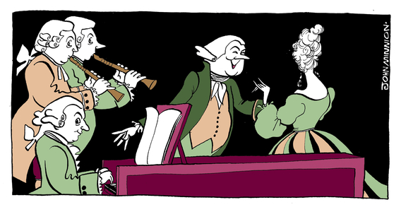 Couple dancing a baroque dance, accompanied by a trio of recorders and piano