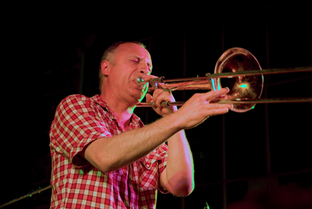 Christophe Deret, trombone player with French Dixieland band Les Haricots Rouges.
