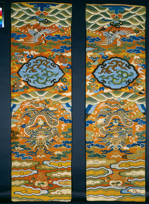 Kesi (k’o-ssu) tapestry chair panels (silk, metal threads, linen backing)