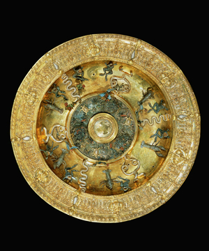 Gilt silver dish with serpents, frogs and lobsters, enamel …