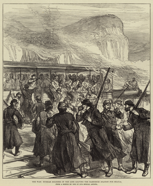 The War, Russian Soldiers of the Line leaving the Barboschi Station for Braila (engraving)
