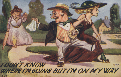 Man leaving his wife with his mistress (colour litho)