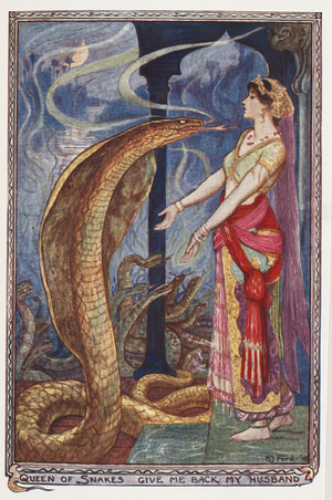 Queen of Snakes, 'Give me back my husband', illustration from 'The Olive Fairy Book', by Andrew Laing, 1907 (colour litho)