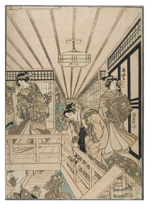 Scene from the Shin Yoshiwara (Triptych). Brothel interior in Yoshiwara quarter with courtesans and clients, c.1830-1843 (woodblock print on paper)