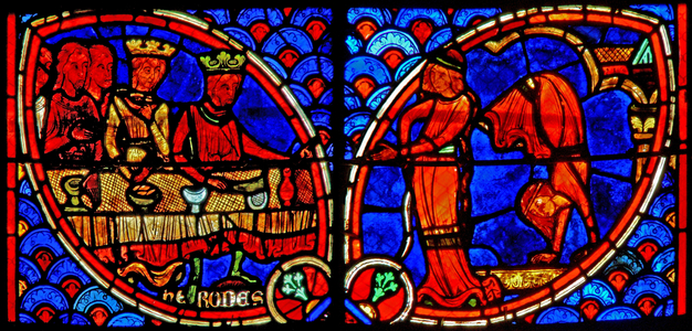 Window w20 depicting a scene from the life of St John the Baptist: Salome dances for Herod (stained glass)
