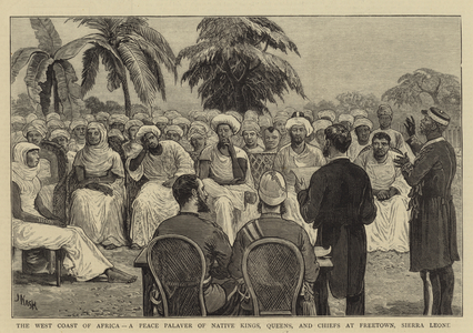 The West Coast of Africa, a Peace Palaver of Native Kings, Queens, and Chiefs at Freetown, Sierra Leone (engraving)