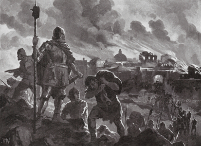 Ivan the Black sets fire to Zhabliak, 1484 (litho)