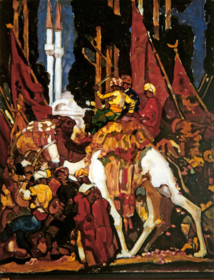 Arabian Nights scene with Camels and Riders (oil on canvas)