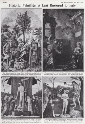 Historic paintings stolen by the Austrians in the 19th Century restored to Italy after the First World War (b/w photo)