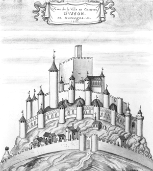 View of the city and castle of Usson, France, where was locked up Marguerite de Valois in 1586-1605, engraving