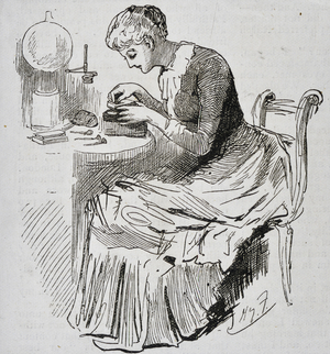 Woman at work on a wood block illustration. Engraving 1885.