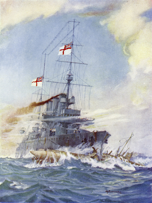 HMS Birmingham ramming the German submarine U-15, 9 August 1914 (colour litho)