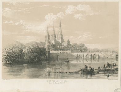 Lichfield Cathedral  - South West View: tinted lithograph, 1548 (print)