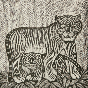 Tiger with Cub, 2003 (linocut)
