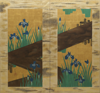Irises and Eight-Fold Bridge, two-panel folding screen, c.1820 (ink, colour & gold leaf on silk)

