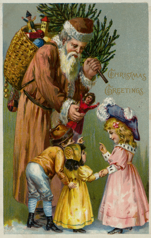 Santa Claus giving presents and a Christmas tree to children (colour litho)