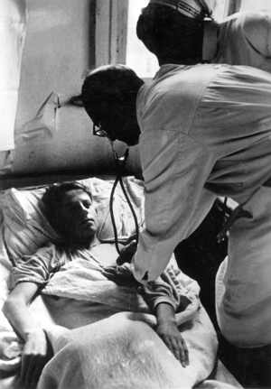 Wounded soldier in a military hospital on the Eastern Front, 1942 (b/w photo)