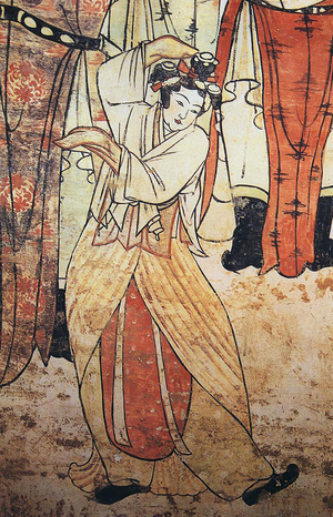 China: A woman dancing. Detail of a mural in the tomb of Zhang Kuangzheng, Xuanhua, Hebei, Liao Dynasty (1093-1117).