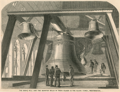 The great bell and the quarter bells in their place in the Clock Tower, Westminster (engraving)