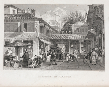 'Stasse in Canton'.
A street scene in Canton, China.