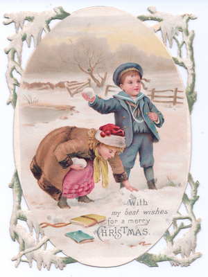 A Victorian Christmas card of a boy dressed as a sailor and a girl throwing snowballs, c.1880 (colour litho)