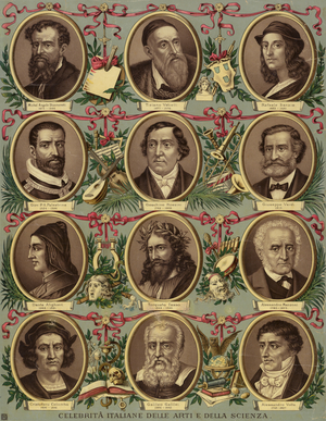 Italian celebrities of art and science (colour litho)