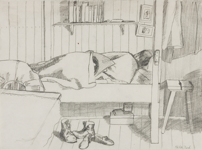 Sleeping POW, the POW 'Aufnahmelager', or Marlag O, Westertimke, Lower Saxony, 1942-45 (pencil on paper)