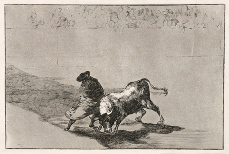 The Clever 'Student of Falces' Infuriates the Bull by Moving about Wrapped in his Cloak, 1814-16 (etching)
