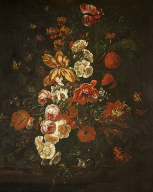 An Arrangement of Tulips and Roses on a Stone Ledge with a Swallowtail Butterfly (oil on canvas)