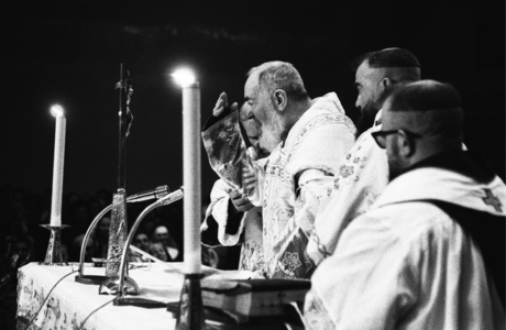 San Giovanni Rotondo, Foggia, Italy, 1968, Padre Pio blessed at the end of the mass (b/w photo)