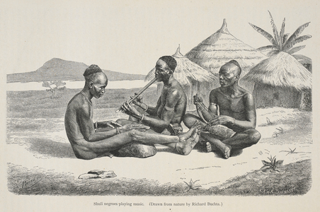 Shuli people playing music. Three men playing musical instruments