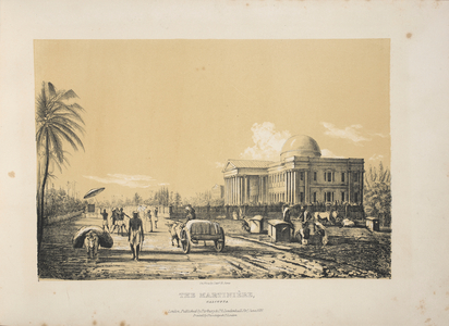 The Martinière, Calcutta.
The Martinière, in the circular road, is a school for youth of both sexes...
The oblong boxes are palanquins ... The figures most in the foreground are a dhobie or washerman, with the ass bearing his weekly charge, and a hackery or car drawn by two bullocks.