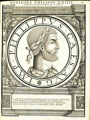 Philippus, illustration from 'Imperatorum romanorum omnium orientalium et occidentalium verissimae imagines ex antiquis numismatis', woodcut by Rudolph Wyssenbach, printed by Andreas Gesner, Zurich, 1559 (woodcut)