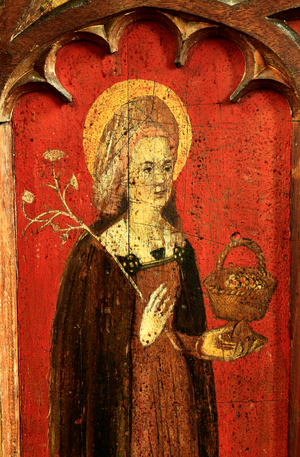 Rood screen painting of St. Dorothy holding flowers and basket of fruit, c.1500 (oil on panel)