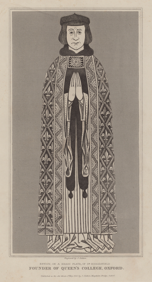 Effigy, on a brass plate, or Robert de Eglesfield, chaplain to Philippa of Hainault and founder of Queen's College, Oxford (engraving)