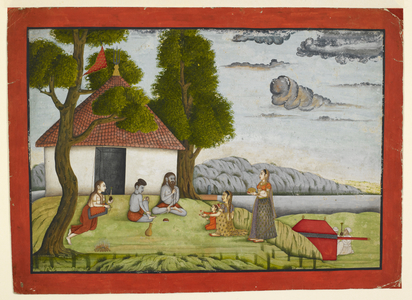A shrine to Siva, flying a red banner from the roof pinnacle, is set in a landscape beside a pool in which people bathe. Pilgrims arrive, mostly on foot, others on an elephant, a camel and in a palanquin; the camp of a wealthy visitor is pitched on the left