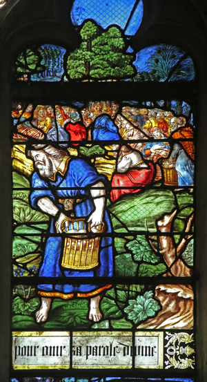 Window w12 depicting a detail from the Miracle of the Feeding of the 5000 (stained glass)