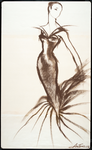 Costume design drawing of cocktail dress with flounce beginning at lower calf, low décolleté with straps.