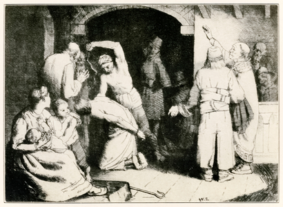 "The Scourging of Faithful" from 'The Pilgrim's Progress From This World, To That Which Is To Come' by John Bunyan (1628-1688) illustration by William Strang (1859-1921) Faithful is tortured after his trial in the town of Vanity.