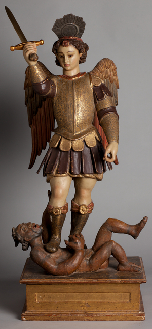 Sculpture. Saint Michael beating the dragon. Polychrome wood.