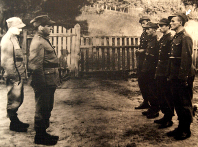 Karol Wojtyla during compulsory military preparation lesson, Ozomla, Poland, 1939 (b/w photo)