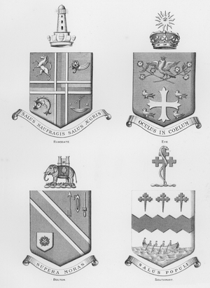 Public arms: Ramsgate; Eye; Bolton; Southport (engraving)