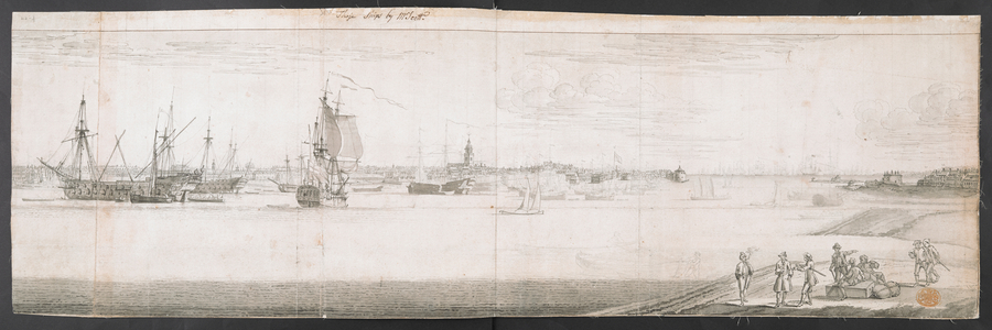 A panoramic view of Portsmouth; figures in the foreground; ships on the sea