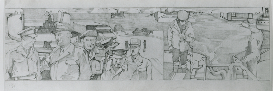 King George VI with Generals Eisenhower and Montgomery and Winston Churchill at Mulbery harbour Arromanches (pencil on paper)