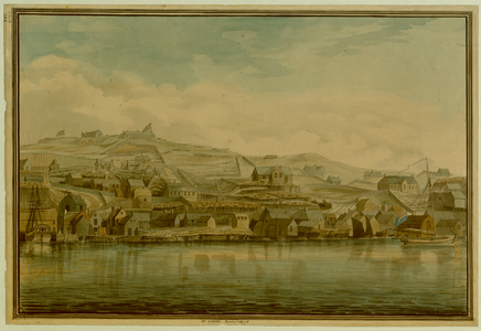 A view of St. John's in Newfoundland from the harbour; boats moored by the shore; a fort on a hill behind the city
