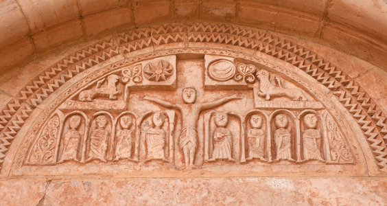 Parish church (Església de Santa Maria). Exterior. North portal. Detail. The tympanum. Romanesque. 12th century.