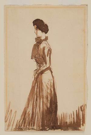 Woman in a long Dress and a Scarf, standing in long Grass, in Profile to the Left (pen and brush with bistre)